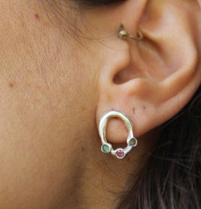 Gemstone stud earrings, Recycled sterling silver oval earrings