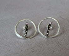 Load image into Gallery viewer, Open circle earrings ,Sterling silver unique earrings with pink zircon,