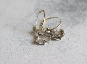 Sterling silver ginkgo leaf hoop earrings with pink zircon