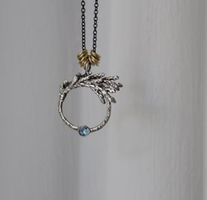 Organic cedar leaf pendant with London blue topaz, Jewelry for women