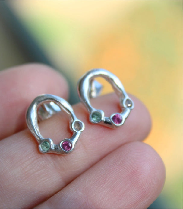 Gemstone stud earrings, Recycled sterling silver oval earrings
