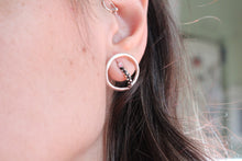 Load image into Gallery viewer, Open circle earrings ,Sterling silver unique earrings with pink zircon,