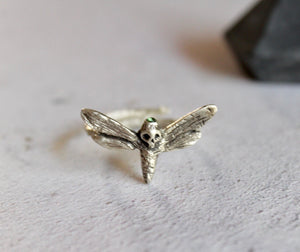 Deaths head moth ring with green zircon, Sterling silver ring