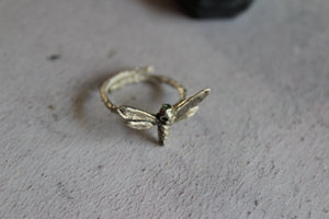 Deaths head moth ring with green zircon, Sterling silver ring