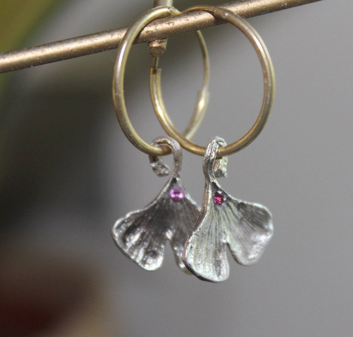 Sterling silver ginkgo leaf hoop earrings with pink zircon