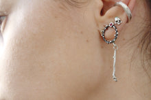 Load image into Gallery viewer, Sterling silver open circle dot earrings with pink zircon, Delicate dangle earrings for her