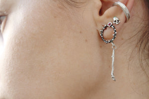 Sterling silver open circle dot earrings with pink zircon, Delicate dangle earrings for her