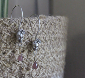 Sterling silver sugar skull earrings with pink tourmaline